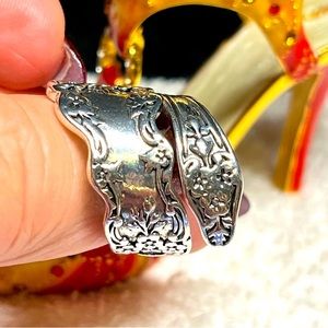 Retro 70’s feel-Silver Plated spoon ring -wide band -artisan/carved-adjustable